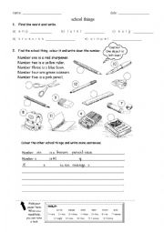 English Worksheet: school things - read, number and colour
