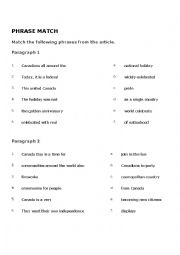 English Worksheet: Phrase Match Canada Day