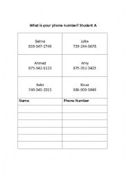 English Worksheet: What is your phone number, information gap