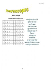 English Worksheet: horoscope word search, signs of zodiac, 