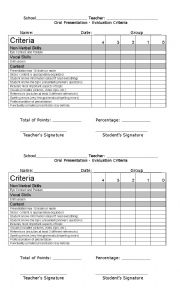 English Worksheet: Oral Presentation Rubric