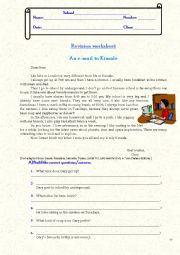 English Worksheet: Revision worksheet: text interpretation (answer/question / question words), daily routine, frequency adverbs, question tags, possessive adjectives, pronouns and case.