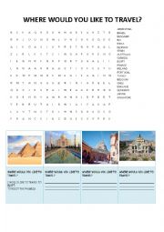 English Worksheet:  where would you like to travel word search and questions