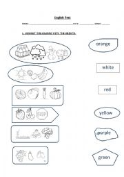 English Worksheet: evaluation test - colours, numbers, classroom objects, clothes, furniture and animals