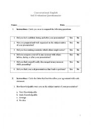 English Worksheet: Self-Evaluation Questionnaire