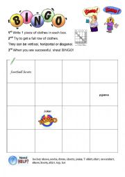 English Worksheet: clothes bingo