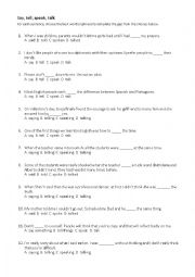 English Worksheet: Say, tell, speak, talk