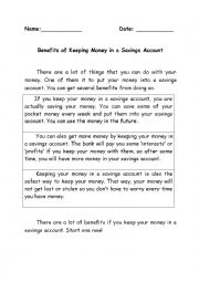 English Worksheet: Benefits of Saving Money in a Savings Account
