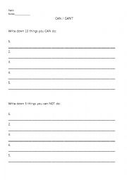 English Worksheet: can, cant 