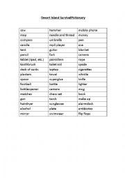 English Worksheet: Desert Island Survival Objects - Agreeing/Disagreeing and Pictionary