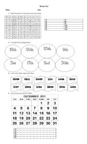 English Worksheet: WRITTEN TEST: ORDINAL NUMBERS AND DATES.