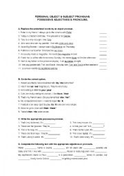 English Worksheet: Personal pronouns. Possessive adjectives & pronouns