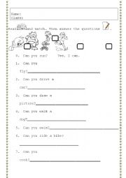 English Worksheet: Can / Cant ACTIONS (match, answer the questions)