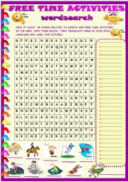 English Worksheet: Sports and activities wordsearch with key