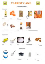 English Worksheet: Carrot cake ingredients and kitchen tools