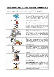 English Worksheet: Identifying cartoon characters by reading a simple identity card.