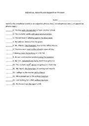 English Worksheet: Adverb, Adjective and Appositive Phrases
