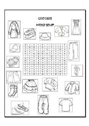 English Worksheet: clothes word soup