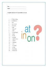 English Worksheet: Prespositions at, in, on