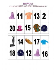 English Worksheet: BINGO! CLOTHES AND NUMBERS 1-20