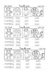 English Worksheet: 4 animals: cat monkey dog lion