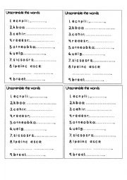 English Worksheet: School supplies, unscramble words