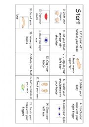 English Worksheet: Body Parts Action Board Game