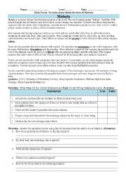English Worksheet: Reading Comprehension about Malaria