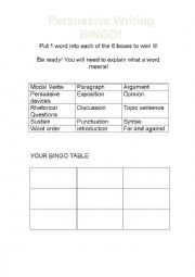 English Worksheet: Persuasive Writing Bingo