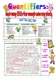 English Worksheet: APPROPRIATE USE OF  QUANTIFIERS: MANY , ANY, LITTLE, MUCH, SOME , FEW, ENOUGH, PLENTY OF , SEVERAL,A LOT OF , LOTS OF ,  A LITTLE , A FEW,  A BIT, A GREAT DEAL OF, A COUPLE OF  ( ANY LEVEL)