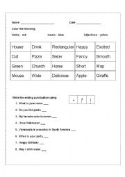 English Worksheet: Mixed review:Adjectives, nouns and verbs; ending marks