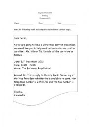 English Worksheet: email invitation card