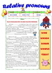 English Worksheet: RELATIVE PRONOUNS : WHO - WHICH -WHOSE -WHOM  -THAT