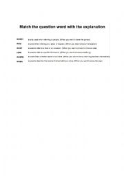 English Worksheet: Match Question Words and their explanations