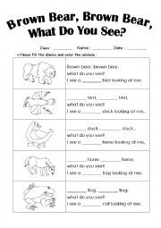 English Worksheet: Brown Bear Brown Bear What Do You See Worksheet