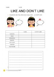 English Worksheet: Like and dont like