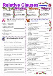 English Worksheet: Relative Clauses- WHO/WHICH/THAT/WHOSE/WHERE