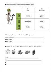 English Worksheet: King Julien - likes and dislikes