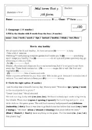 English Worksheet:  Mid term test  3  7th Grade