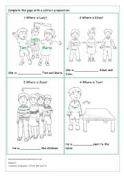English Worksheet: Prepositons in; on; in front of; behind; between; next to; up; under