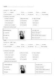 English Worksheet: Written short test for beginners to test verb to be and personal questions 