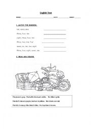 English Worksheet: Evaluation test - colours, toys, numbers, classroom objects, body, family and clothes