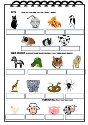 English Worksheet: Pets / Wild animals / Farm animals