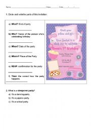 English Worksheet: Invitation for a sleepover party Analyse the Parts