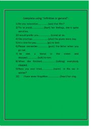 English Worksheet: The use of  infinitive or gerund