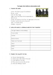 English Worksheet: Hotel Calofornia song