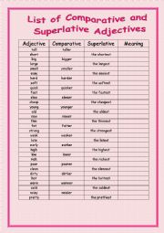 English Worksheet: list of adjectives comparatives and superlatives
