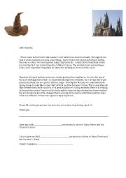 English Worksheet: Harry Potter Permission slip for school reading 