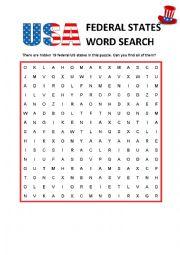 English Worksheet: USA Federal States WORDSEARCH, key included