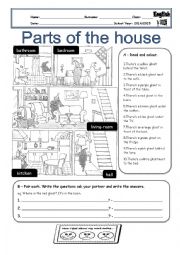 English Worksheet: Parts of the House/Prepositions of Place